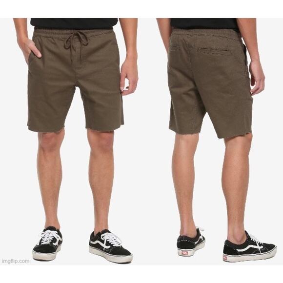 Hot Topic NWT Men's Small HT Denim Brown Jogger Shorts Drawstring Raw Hem - Picture 1 of 11